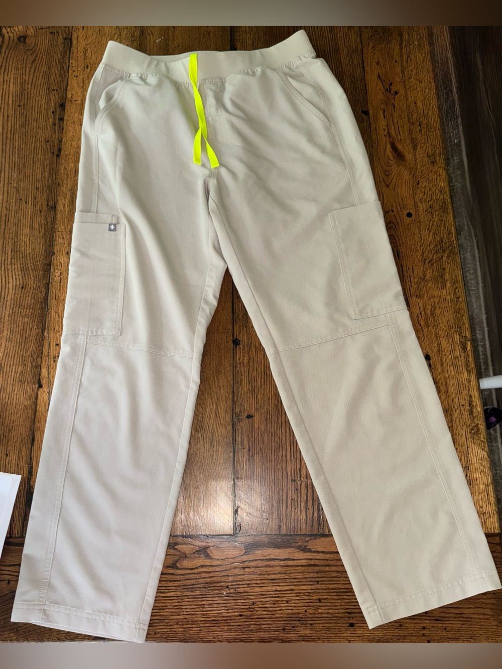 Figs Cream Scrub Pants with Neon Yellow Drawstring